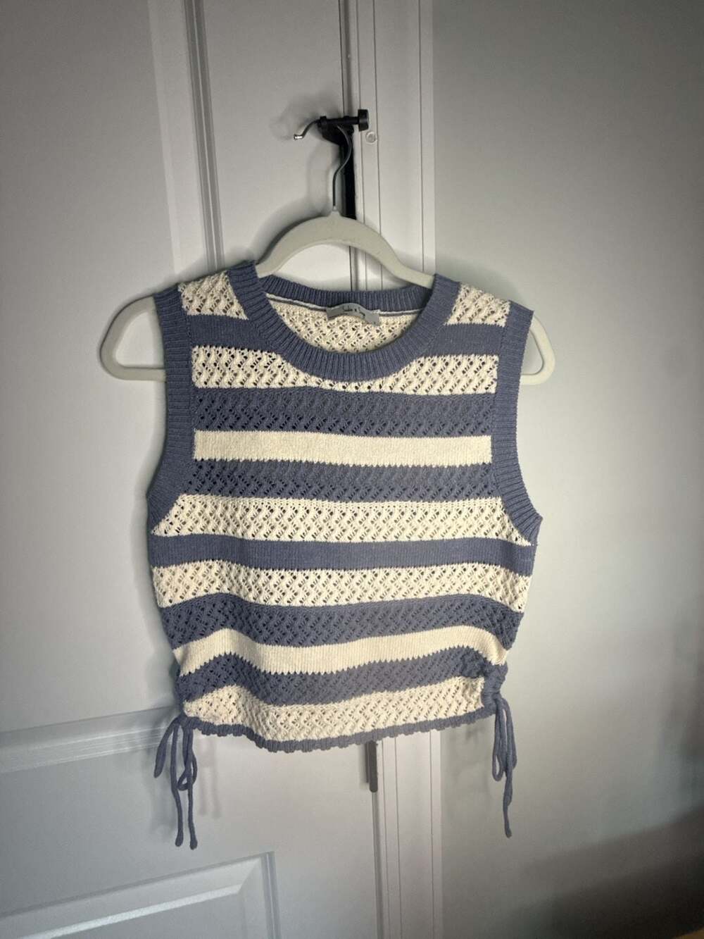 Sadie & Sage Blue and White Striped Knit Crochet Tank Top with Side Ties